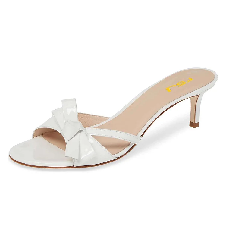 White Patent Leather Bow Kitten Heels Mules Sandals |FSJ Shoes