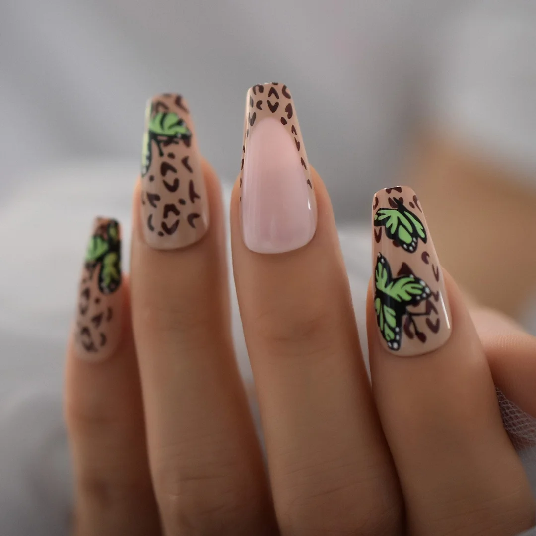 Jungle Design Butterfly Press On Nails Coffin Medium Leopard With Design Full Cover Nails Supplies For Professionals Hot Sale-Nail Inspo
