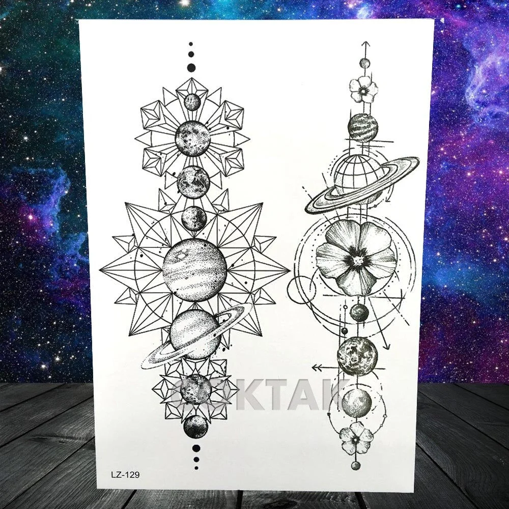 Geometric Skull Temporary Tattoos For Men Women Realistic Fake Wolf Gangster Tattoos Sticker Outer Space Planets Tatoos Washable