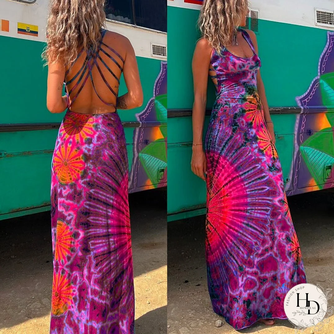 Criss Cross Backless Tie Dye Maxi Cami Dress