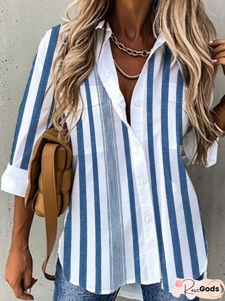 Shirt Collar Stripes Cotton-Blend Long Sleeve Shirts & Tops