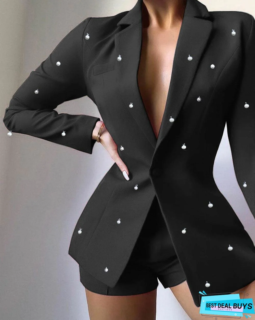 Pearls Decor Single Button Long Sleeve Blazer