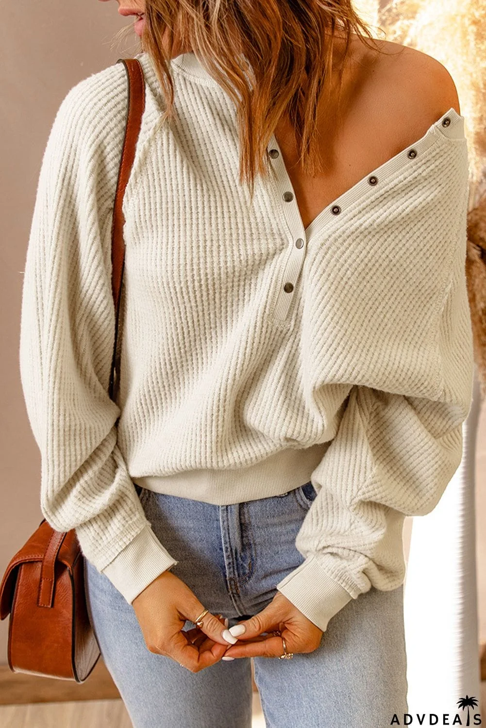 Beige Snap Button V-Neck Waffle Knit Top