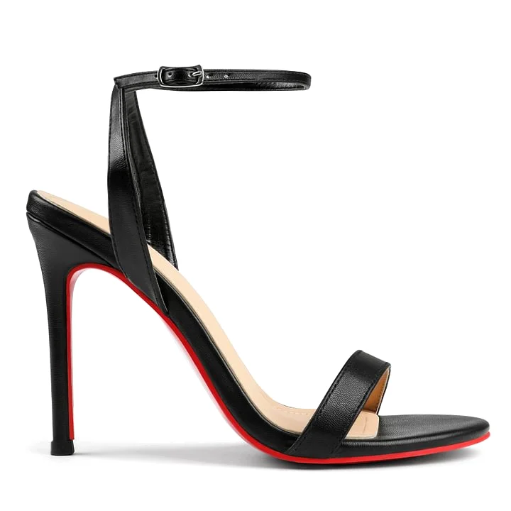100mm Women's Sandals Round Open Toe Red Bottom Ankle Straps Matte Pumps-MERUMOTE