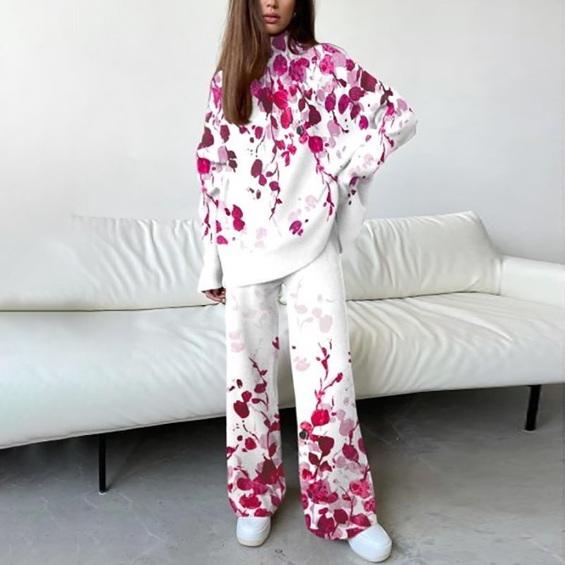 Casual Print High Neck Long Sleeve Two-piece Set MusePointer