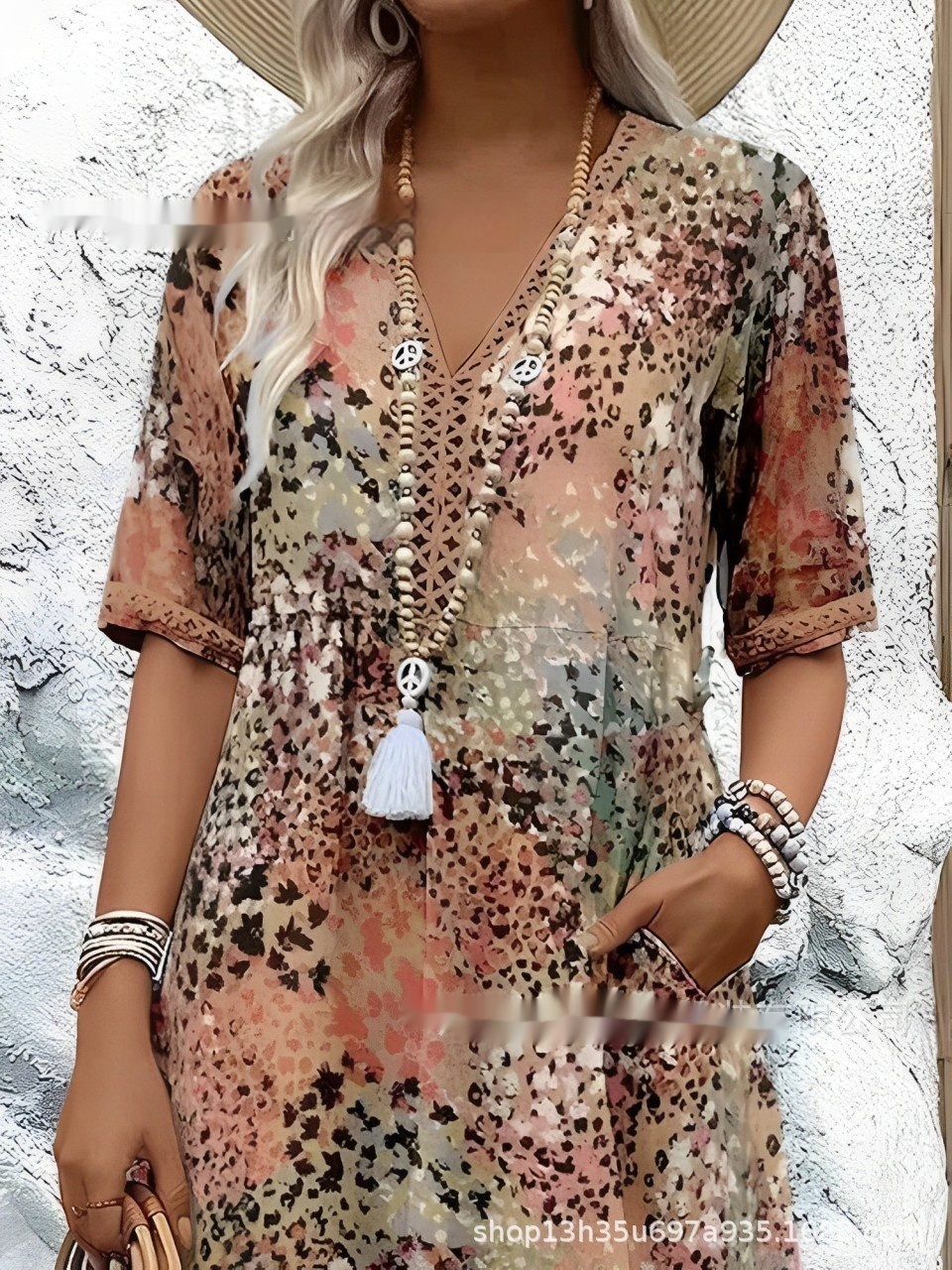 Mature Women Summer V-neck Casual Holiday Pocket Dress Homewear