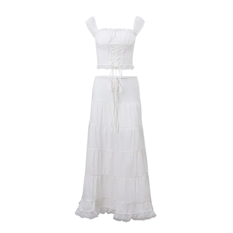 Uveng Uveng New Women's French Square Collar Sling Top With Lace Patchwork Skirt Holiday Style Suit Girl