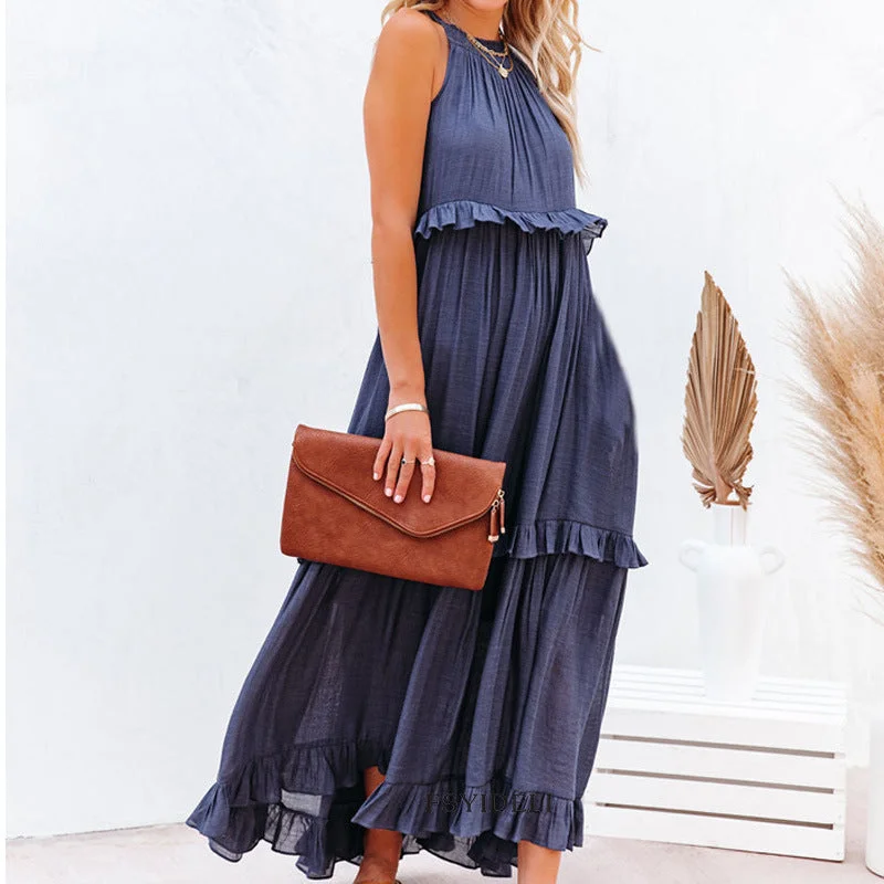 Uveng Style Ruffled Long Dress Wide Hem Dresses