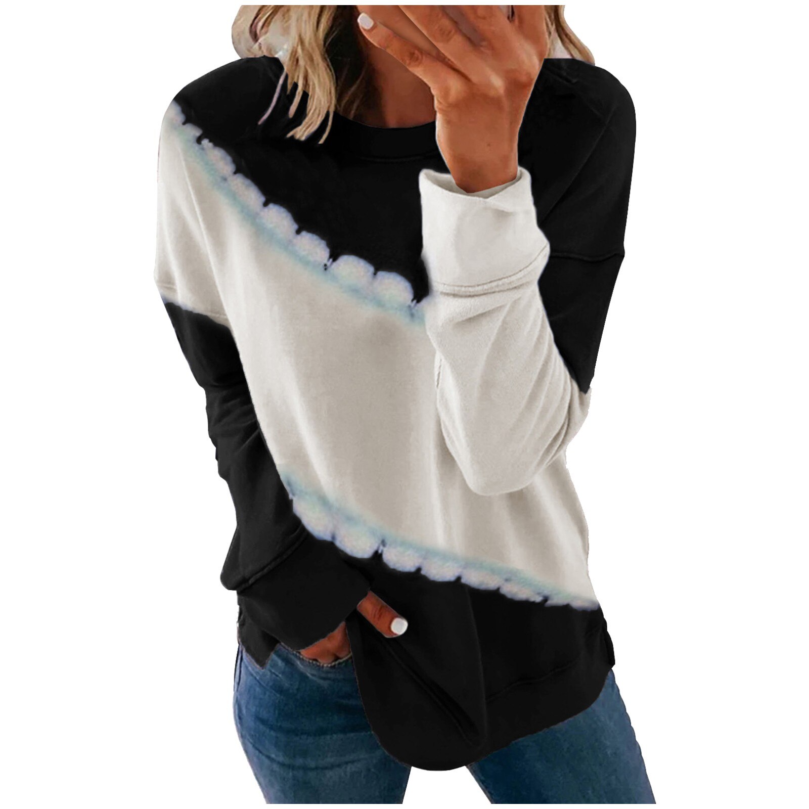 Tie-dye Stitching Casual Long Sleeve Pullover Tops Ladies T-shirt