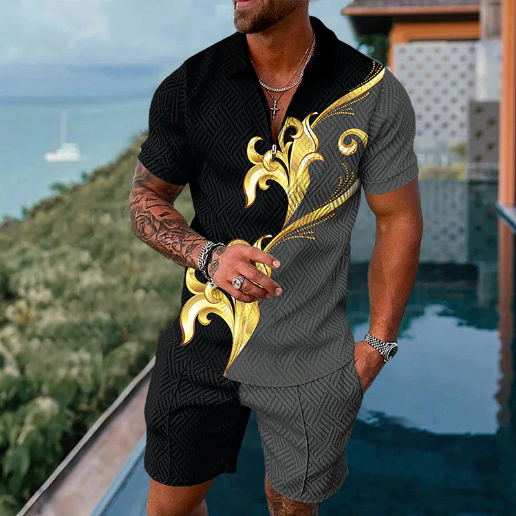 Broswear Golden Flower Color Contrast Polo Shirt And Shorts Co-Ord
