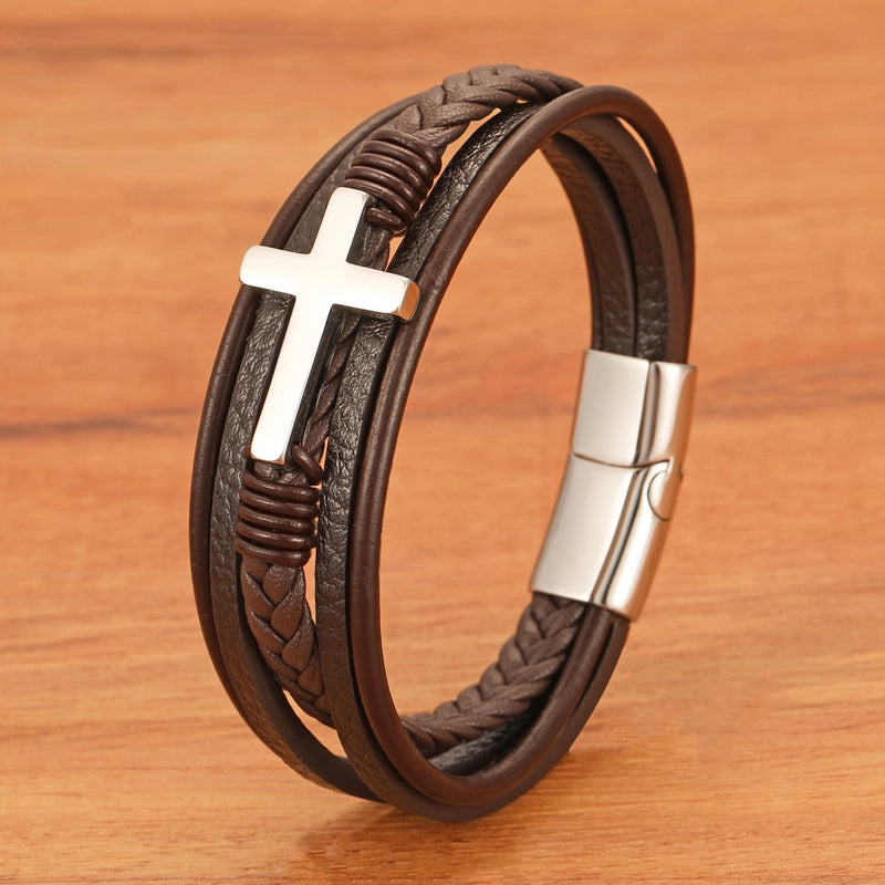 Brown Multi-layer Leather Men’s Cross Bracelet Leather Rope Woven Jewelry Stainless Steel Bracelet Genuine Leather Magnet Buckle