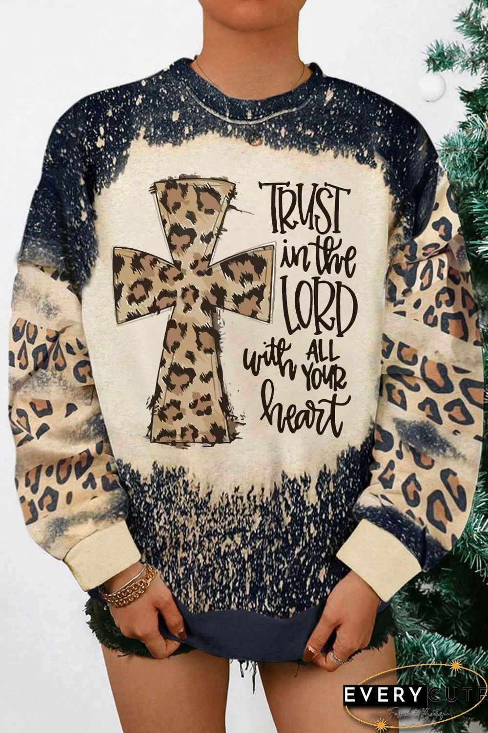Black Faith Cross Leopard Insert Bleached Sweatshirt