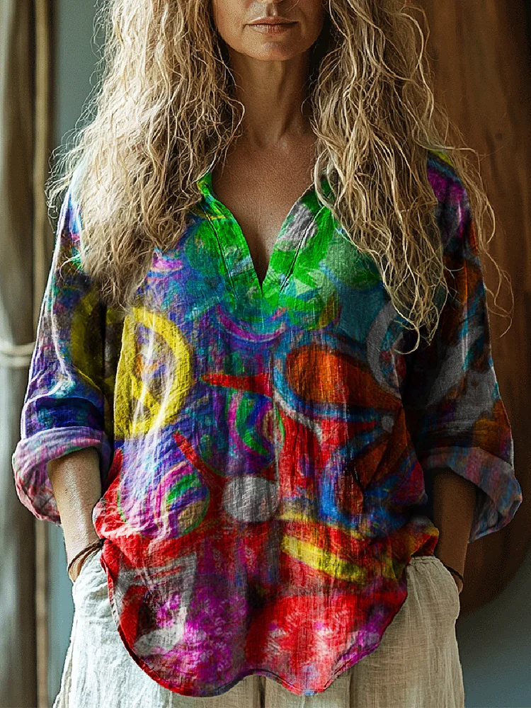 Women's Gouache Hippie Graphic Art Print Casual Linen V Neck Shirt
