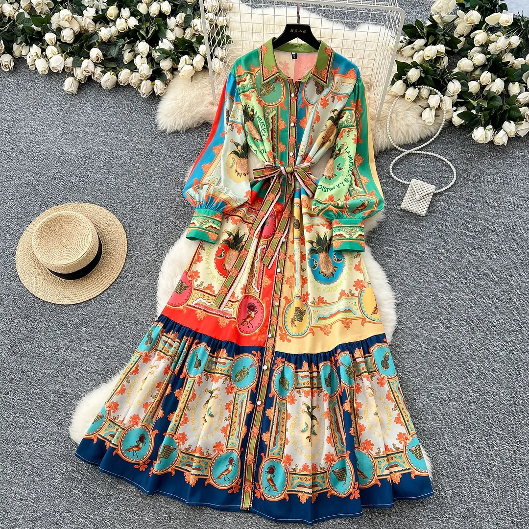 Churchf Churchf Printed Dress Woman 2025 Spring Strap To Cover Collar Long Sleeve Single Row Buckle Folding Skirt