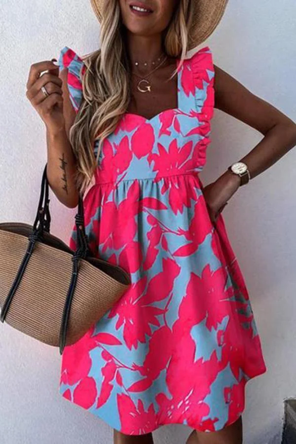 Womens Stylish U Collar Short Flounce Sleeve Midi Dress-Allyzone-Allyzone
