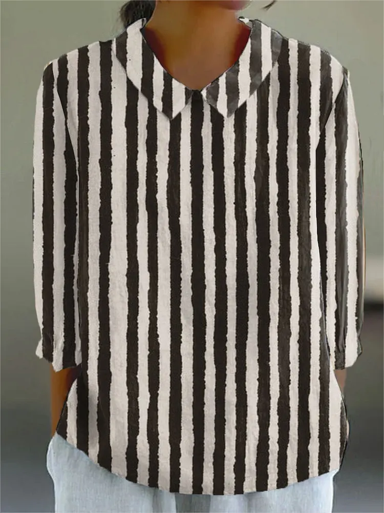 Women's Vintage Abstract Geometric Art Print Casual Cotton And Linen 3/4 Sleeve Shirt