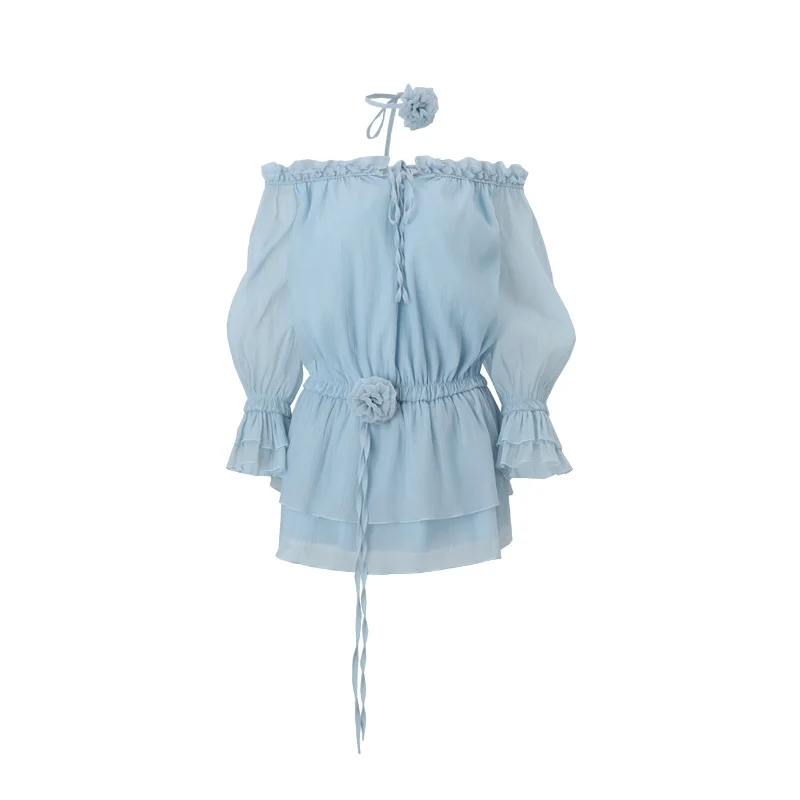 Pongl Pongl 2024 New Sexy Pure Desire A Word Collar Flounce Chiffon Slim Waist Long-Sleeved Dress