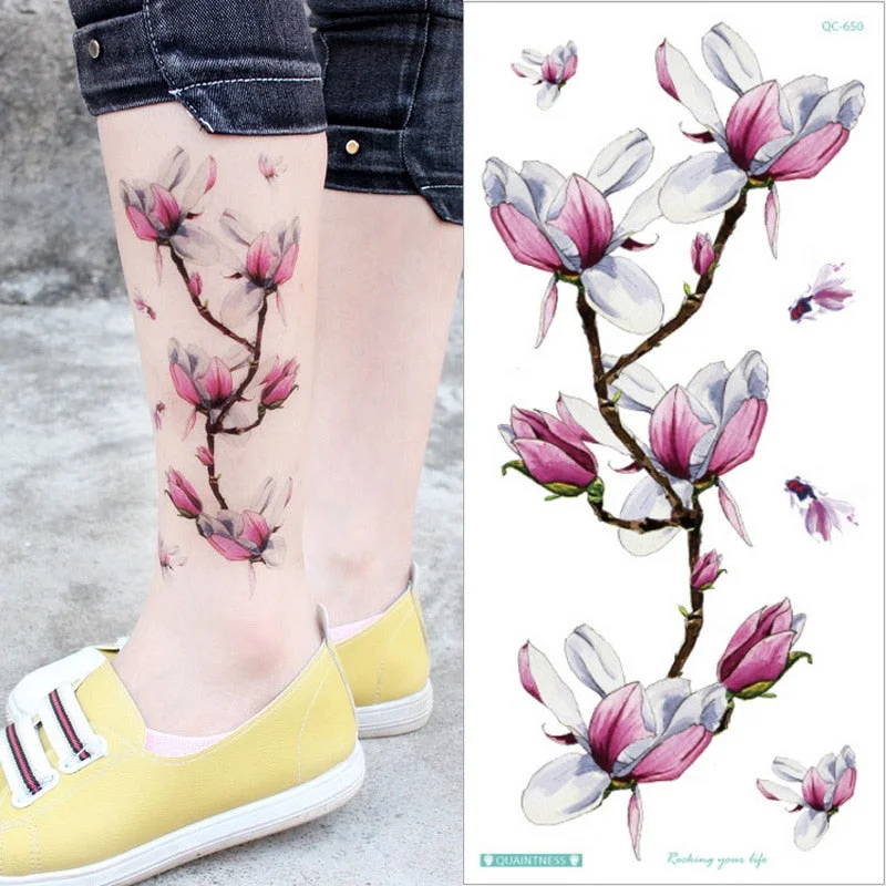 Waterproof Temporary Tattoo Sticker Rose Flowers Leave Flash Tattoos Body Art Arm Fake Sleeve Tatoo Black Women Girls Wrist