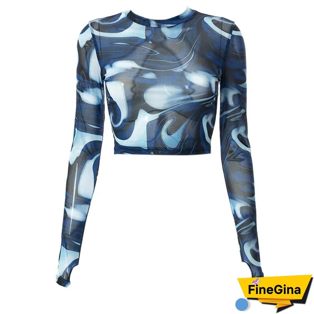 Flame Print Round Collar Long Sleeve Mesh Crop Top