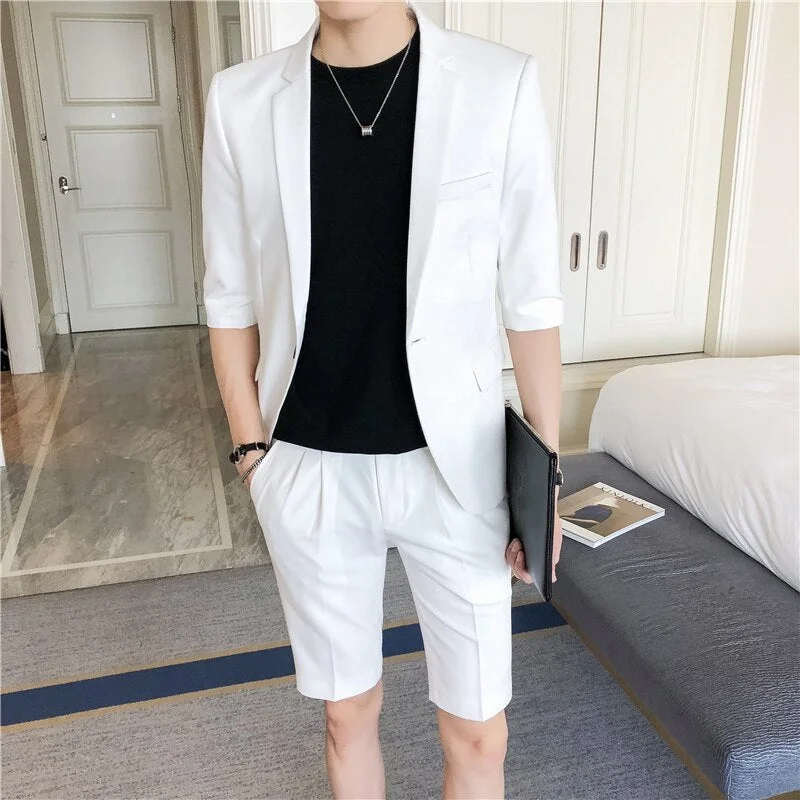 Woherb Men Suit Set Slim Fit Half Sleeve Knee Length Pants Korean Style Men's Clothing Pink White Summer Suit Jacket with Short Pant