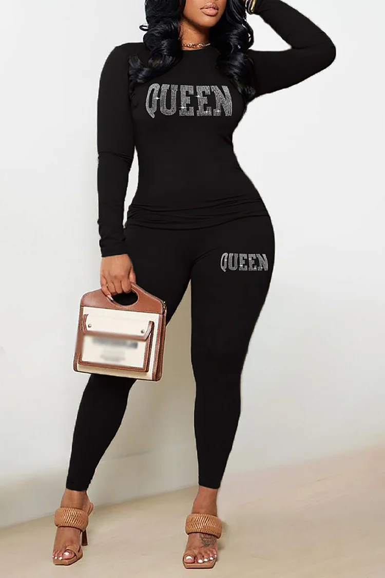 Xpluswear Plus Size Casual Black Letter Pattern Print Shiny Long Sleeve Two Pieces Pants Set