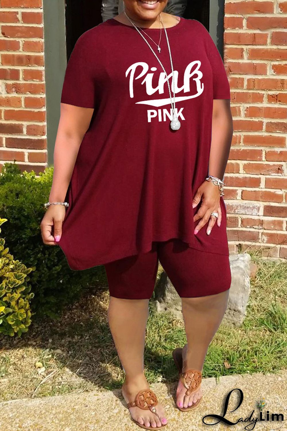 Grey Fashion Casual Letter Print Basic O Neck Plus Size Two Pieces