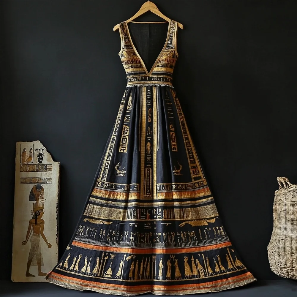 Egyptian Vintage Elements Printed Women's V-neck Vest Maxi Dress