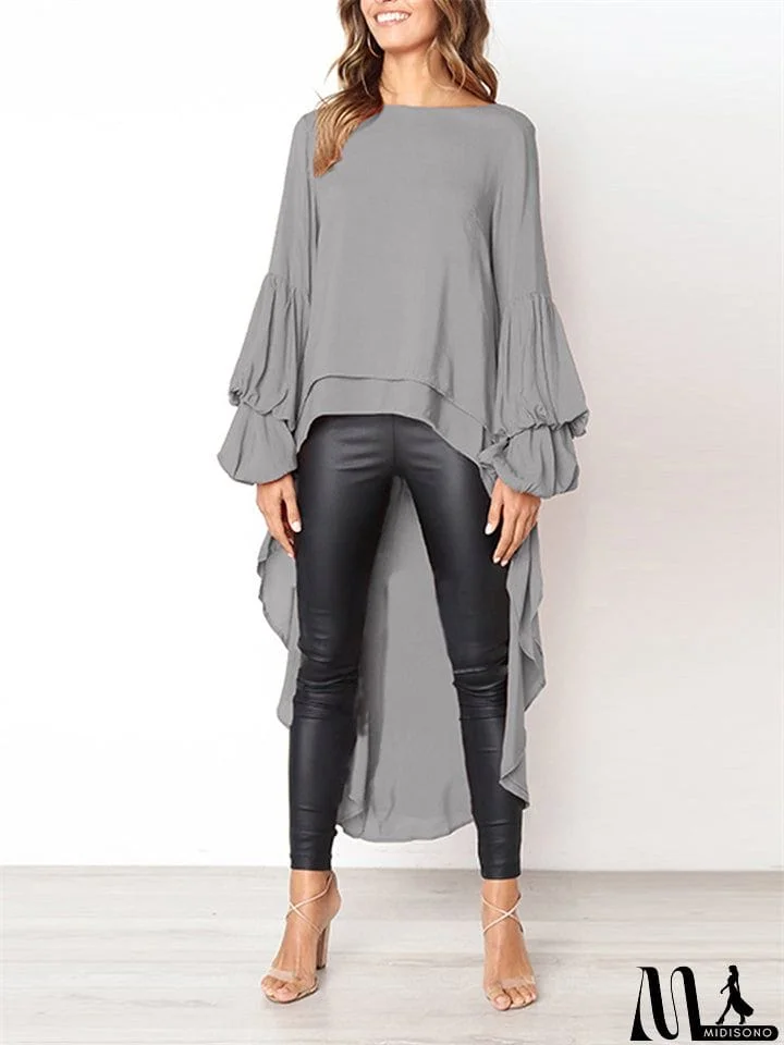 MidiSono - Ladies Leisure Chiffon Lantern Sleeve Irregular Hem Shirts