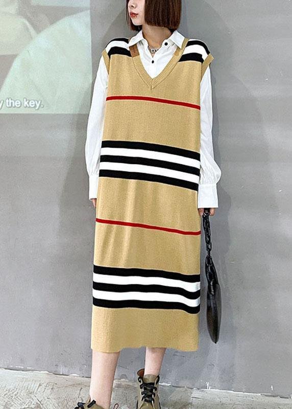 DIY Khaki V Neck Striped Fall Knit Sweater Dress