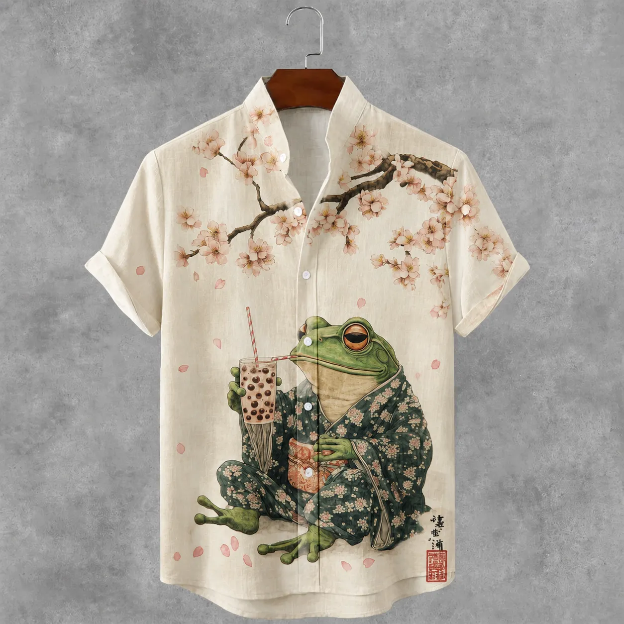 Men's Vintage Japanese Frog Cherry Blossoms Art Print Button Casual Cotton Linen Shirt  artssus