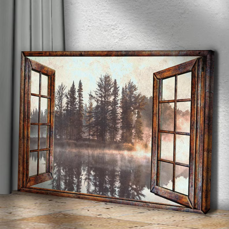 Foggy Autumn Lake View By The Window Canvas Wall Art