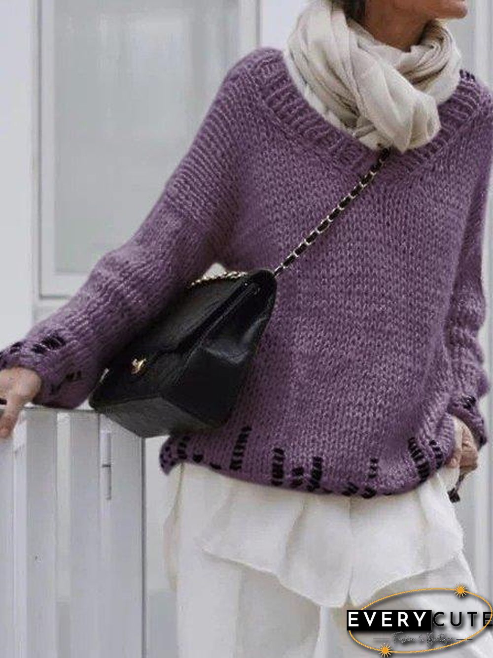 Casual V Neck Long Sleeve Sweater