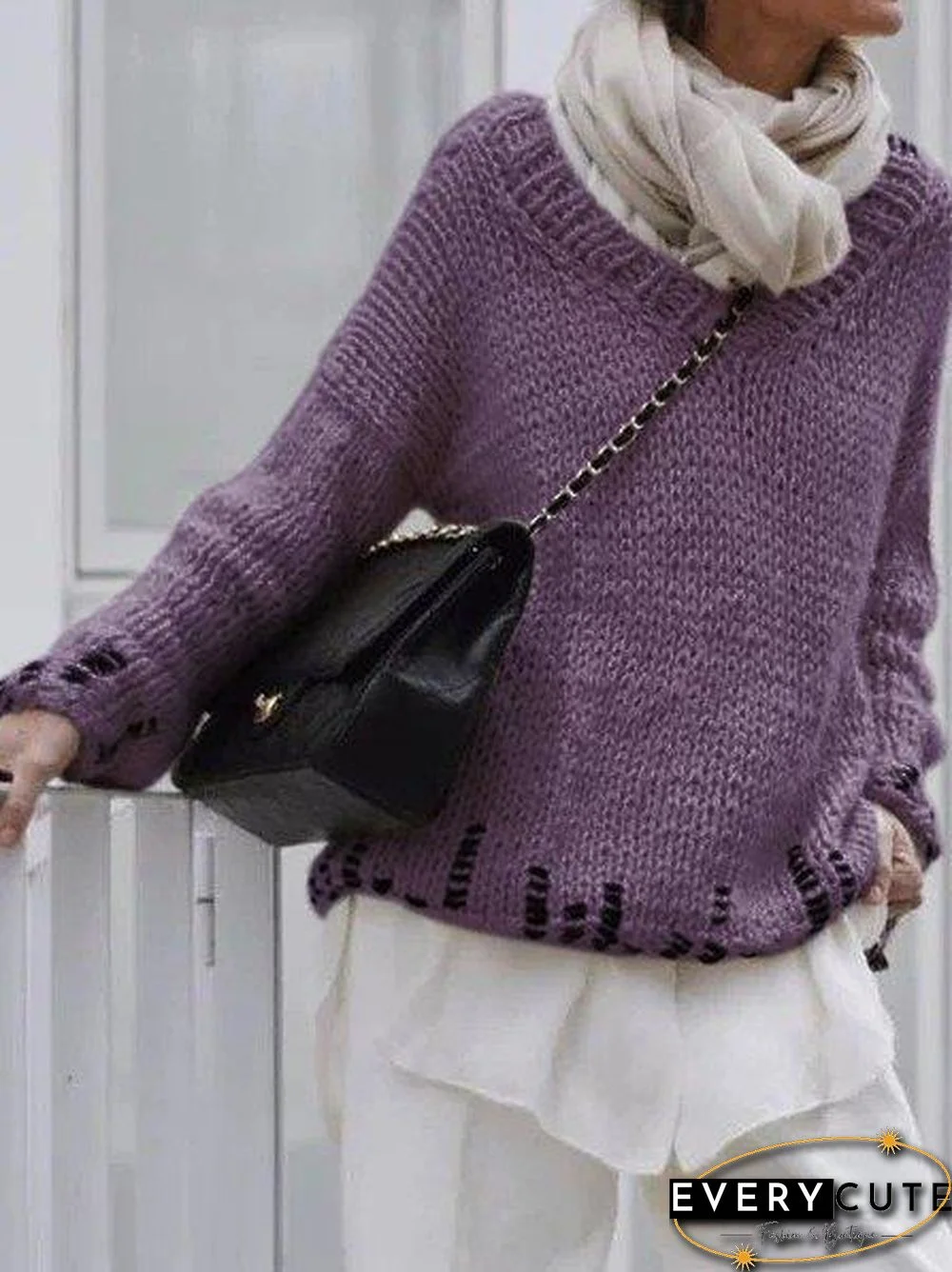 Casual V Neck Long Sleeve Sweater