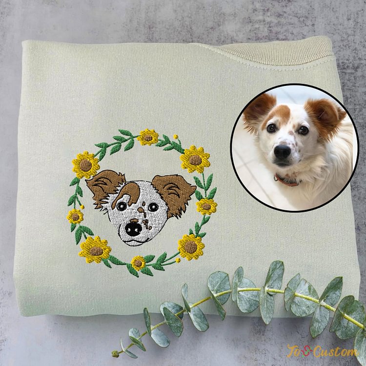 Custom Embroidered Sweatshirt Dog Portrait with Wreath
