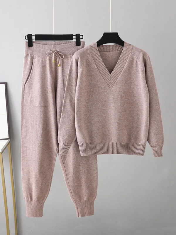 Casual Loose Harem Pants Solid Color V-Neck Sweater Tops Pants Two Pieces Set