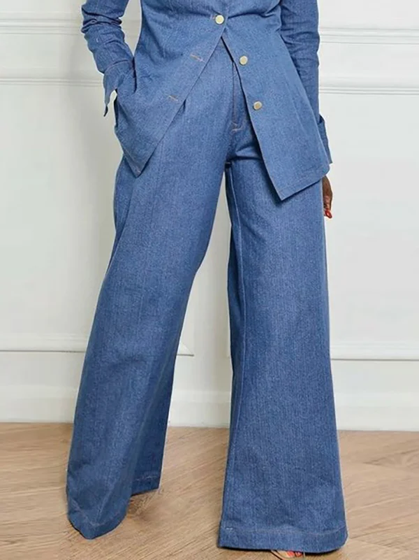 High Waisted Loose Pockets Solid Color Lapel Jean Pants Bottoms