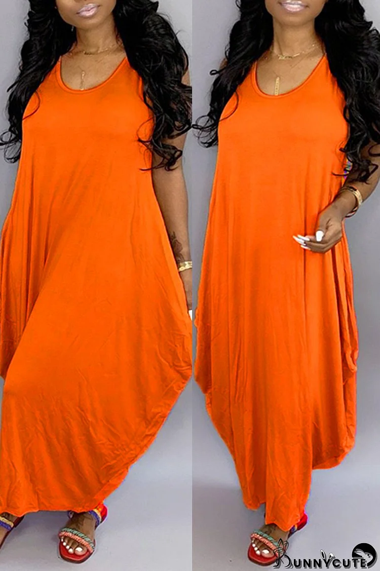 Orange Fashion Casual Solid Basic O Neck Vest Dress