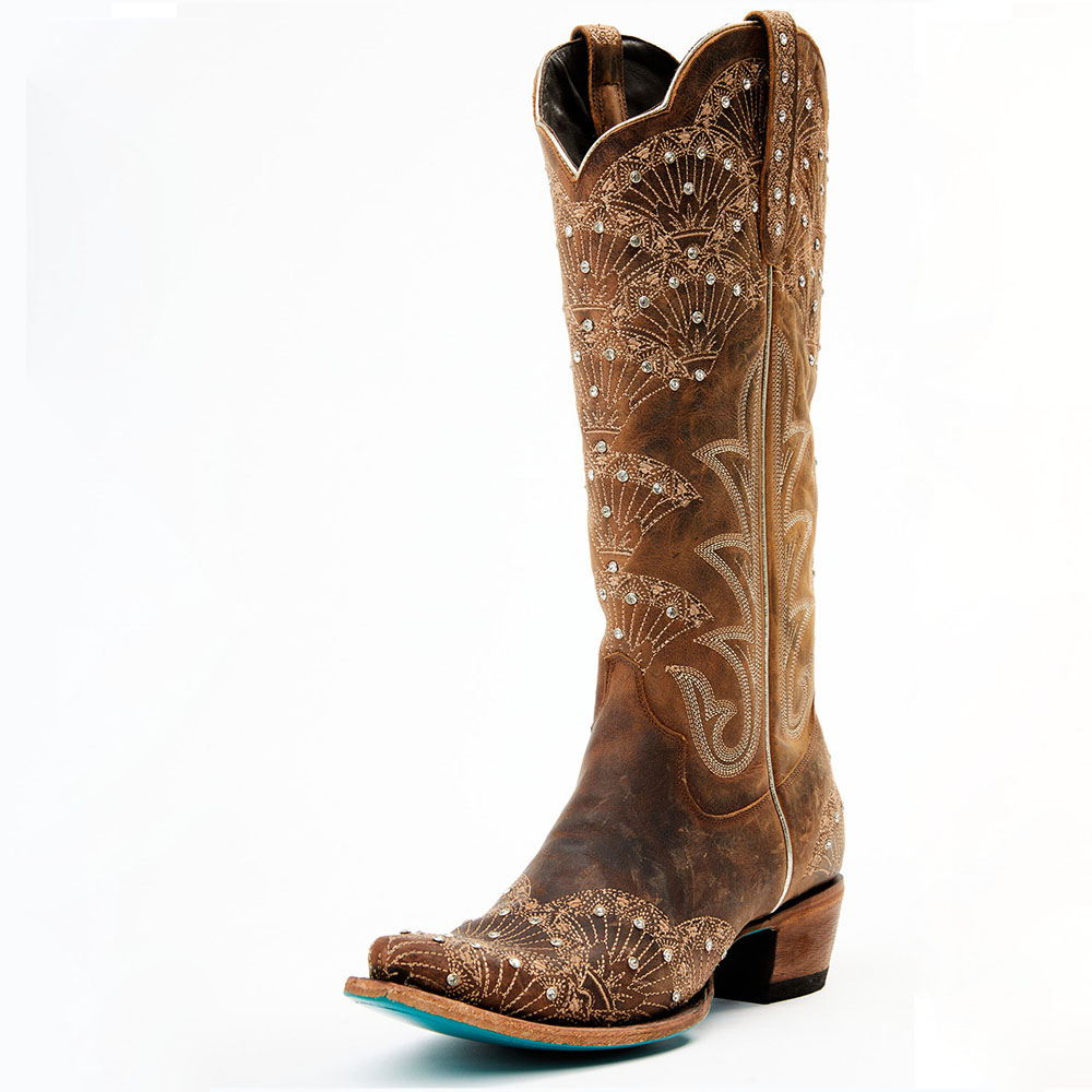 Brown Snip Toe Chunky Heel Seashell Embroidery Knee High Cowgirl Boots Nicepairs
