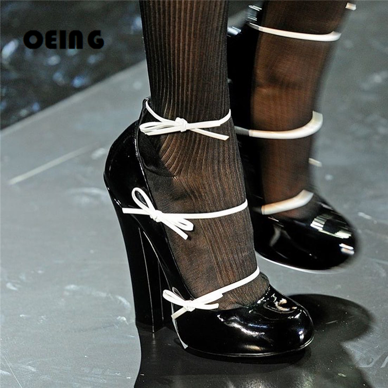 VCSHOES VCshoes Women Bowknot Strap Pumps Runway Style Patent Leather Block Heels Pumps Ladies Round Toe Ankle Straps Mary Jane Shoes 44