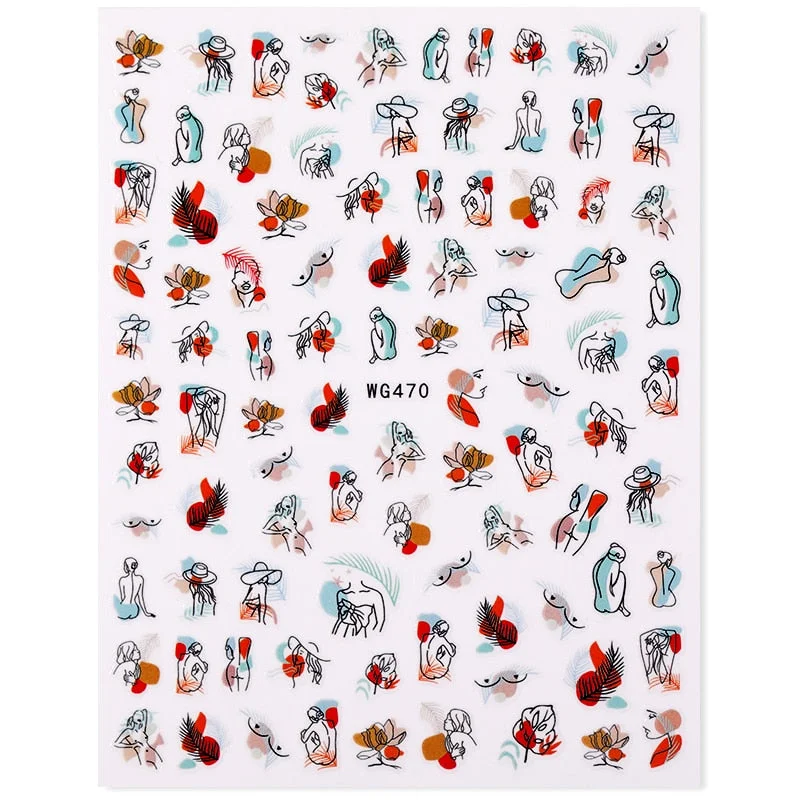 1PC Sexy Lady Shaped 3D Nail Stickers Character Face Image Leaves Flower Decals Slider Black White DIY Nail Art Decorarion-Nail Inspo