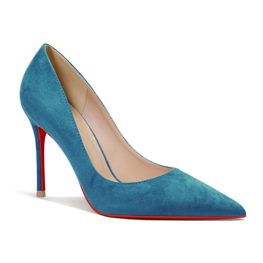 100mm Women's Stiletto Heels Classic Pointed Toe Red Bottom Pumps Suede Shoes-MERUMOTE