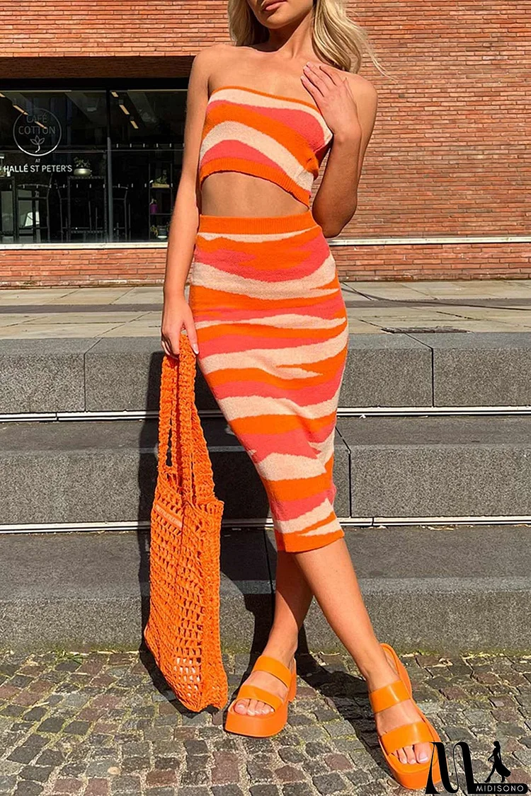 Contrast Striped Knit Strapless Crop Top Midi Skirt Suits