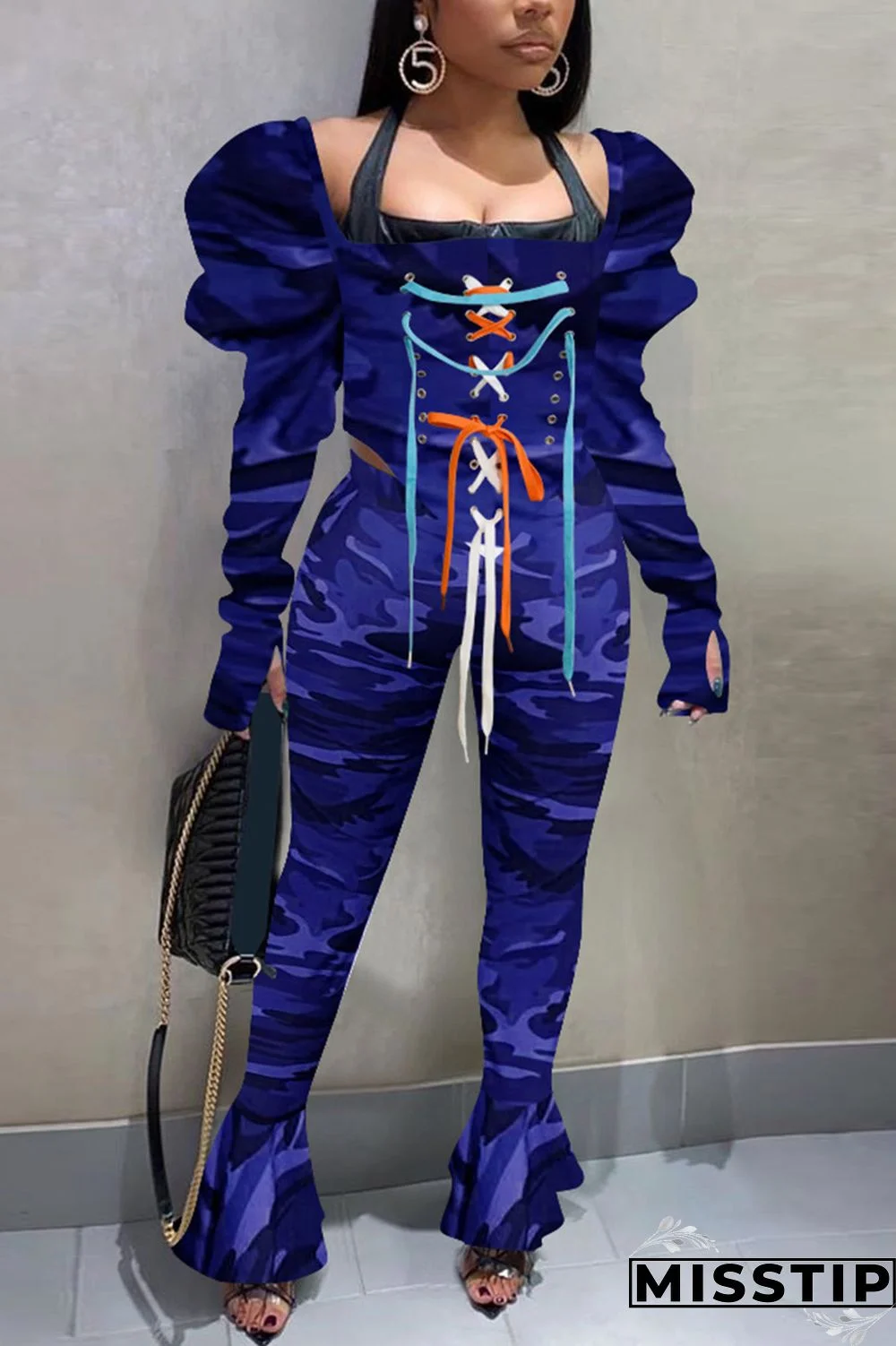 Deep Blue Sexy Casual Camouflage Print Strap Design Square Collar Long Sleeve Two Pieces