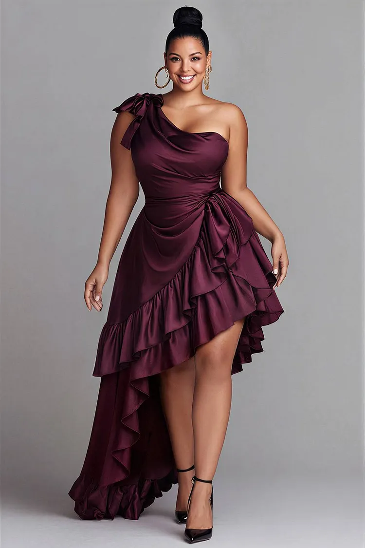 Xpluswear Design Plus Size Cocktail Party Burgundy Oblique Collar Ruffle Asymmetric Hem Irregular Hem Satin Mini Dresses [Pre-Order] 2024 - Xpluswear