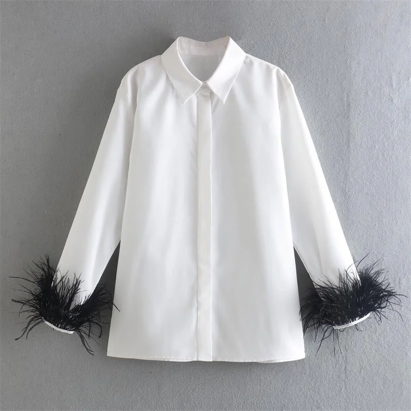 2022 Women Fashion Blouse Shirt Long Feather Sleeve Loose Single Breasted Casual Tops Female Turn Down Collar Shirts