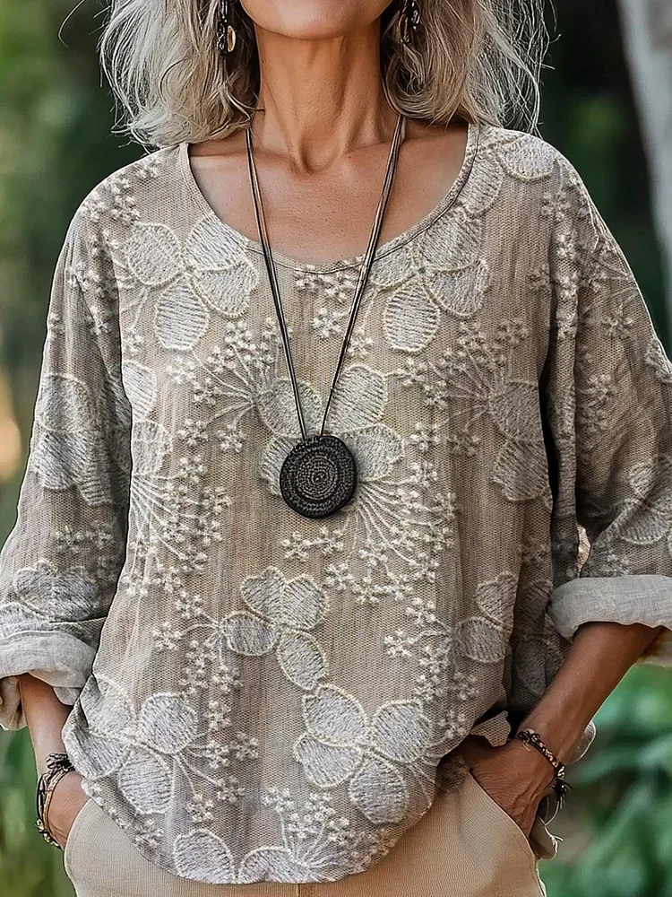 Women's Vintage Ethnic Floral Art Print Casual Cotton And Linen Shirt