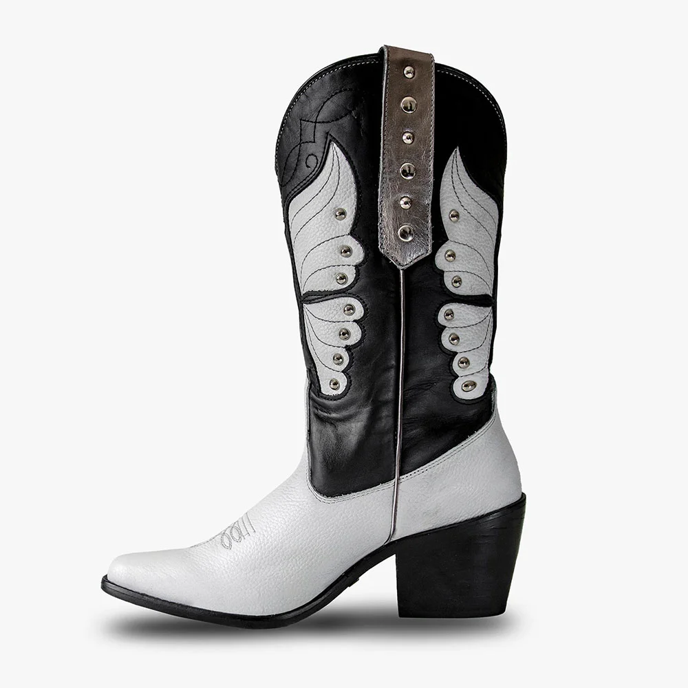 Black & White Pointed Toe Chunky Heel Studded Western Boots for Women
