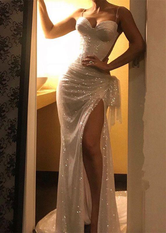 Spasghetti Straps White Sequins Prom Dress Mermaid Split - lulusllly