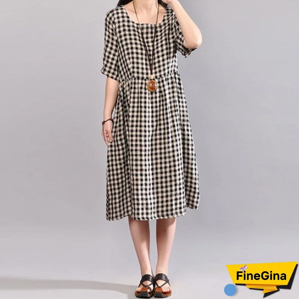 Elegant natural cotton dress oversize Round Neck Plaid Summer Short Sleeve Summer Dress