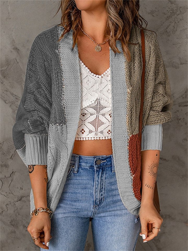 Medium and Long Color Blocking Knitted Cardigan Sweater -vasmok